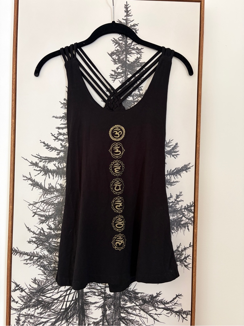 NEW Black Racer Back Yoga Tank Top with Gold Chakras Symbols - Built In Bra - S